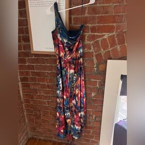 Nicole Miller One Shoulder Floral Satin Maxi Dress